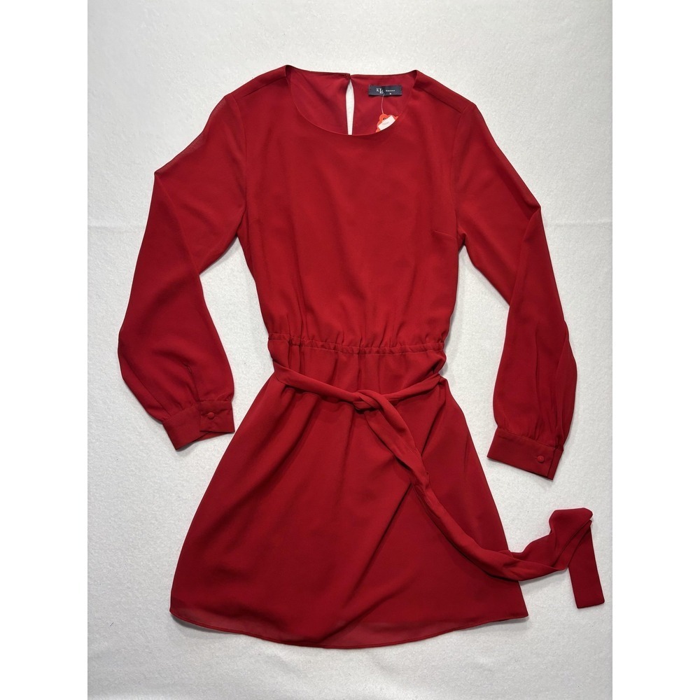 KLD Dress Womens Medium Red Chiffon Belted Fit Flare Long Sleeve Round Neck Mini